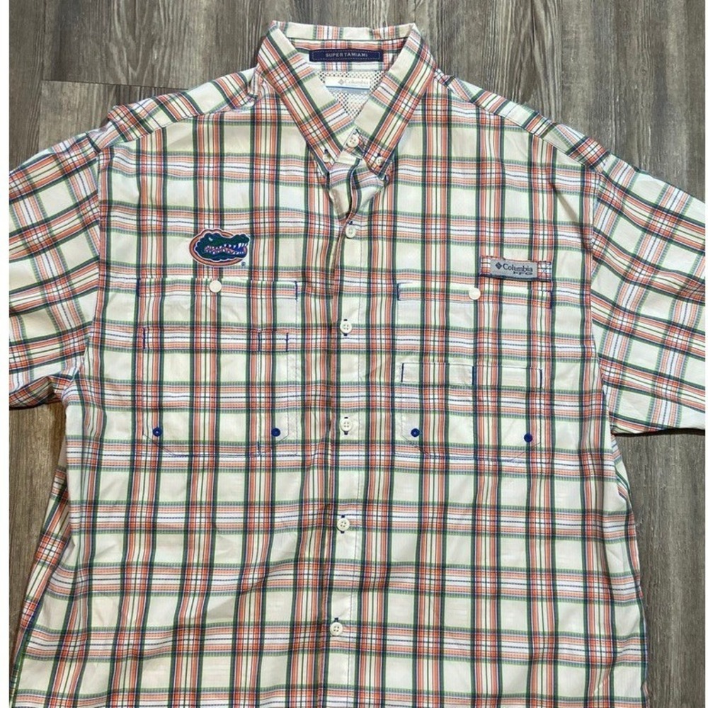 Columbia PFG Florida Gators Fishing Shirt Orange White Plaid Mens L Long Sleeve